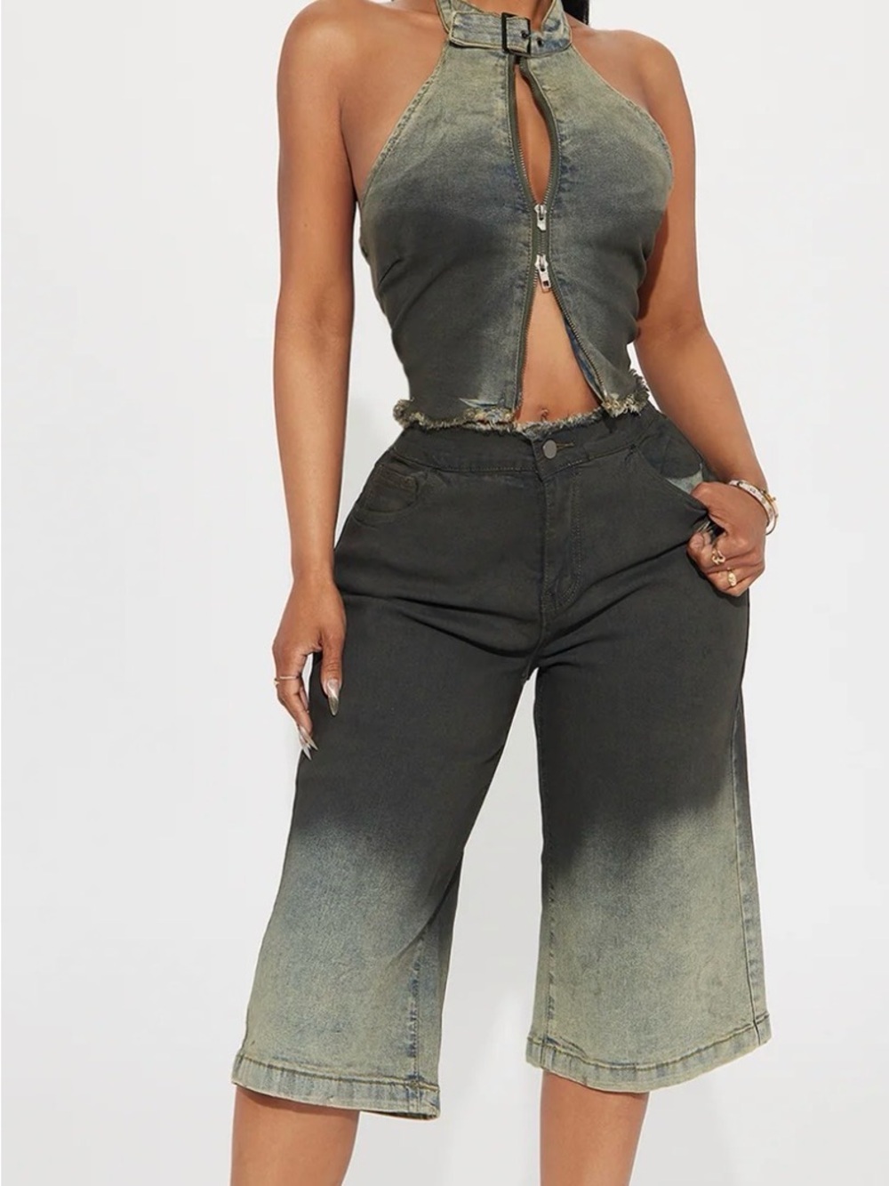 Washed Olive High-Waist Wide-Leg Crop Jeans
